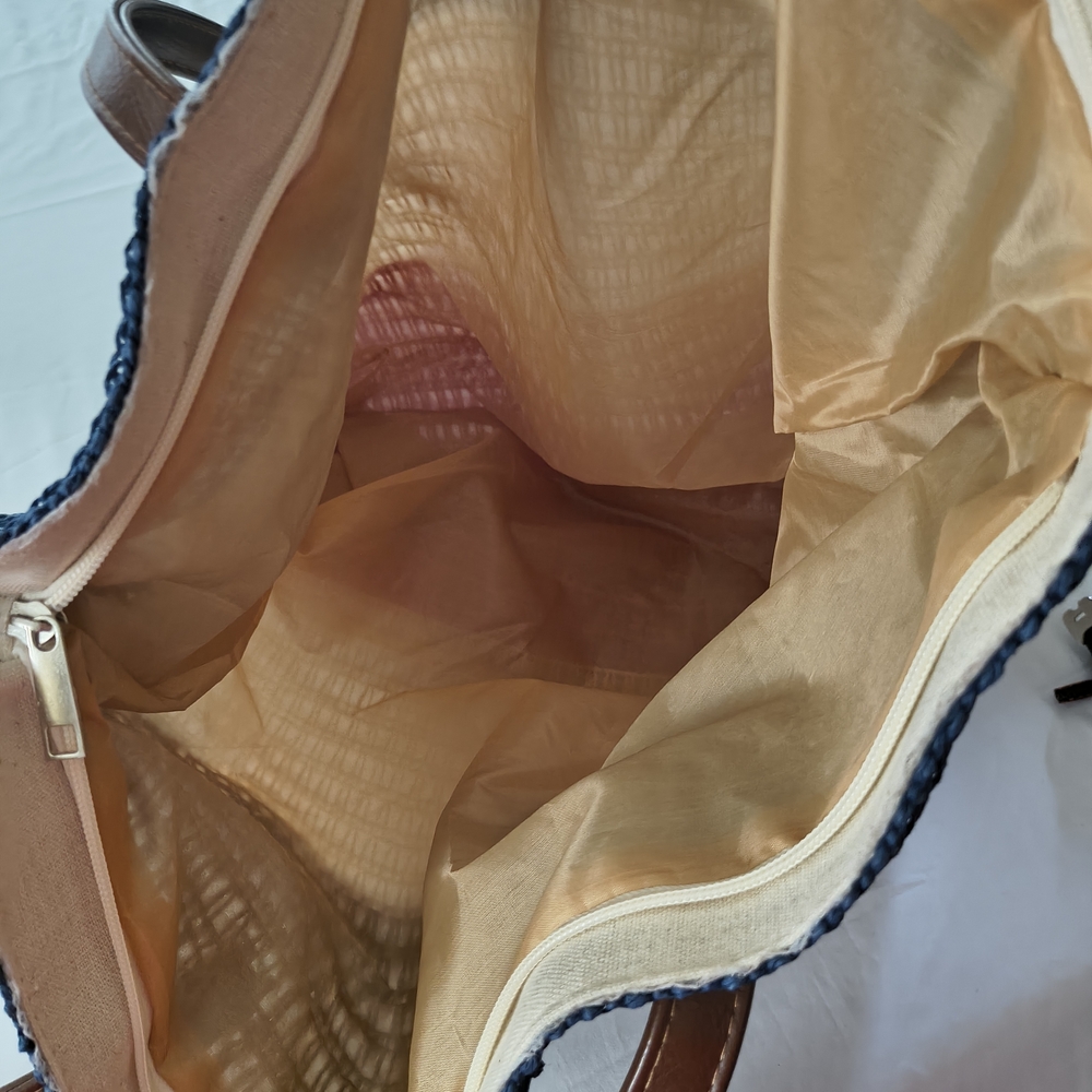 Riah Fashion Red White Blue Tricolor Woven Crochet Tote Bag Zipper Beach Bag - Picture 7 of 7